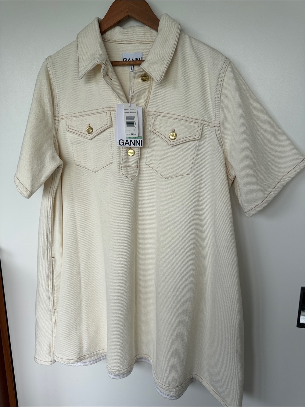 NWT GANNI XL Organic Cotton Heavy Denim Minidress Egret